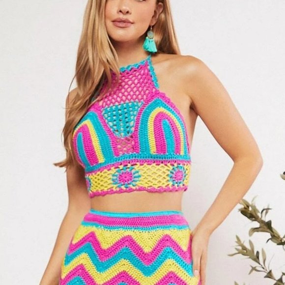 . Tops - Multicolor Vacation Womens Colorblock Tie Backless Halter Knit Top